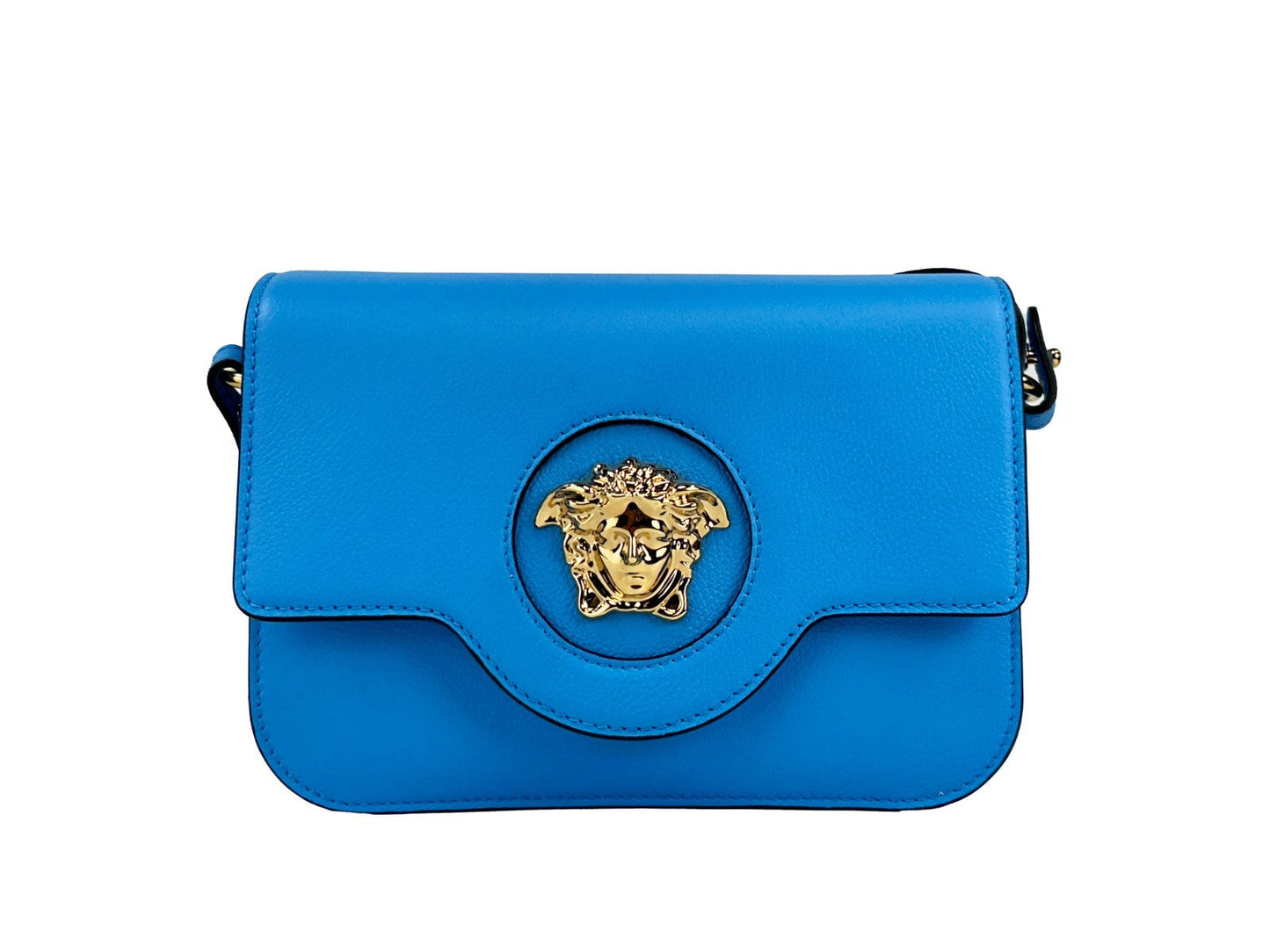 Exclusive Versace La Medusa Leather Crossbody Bag – Blue — Front View