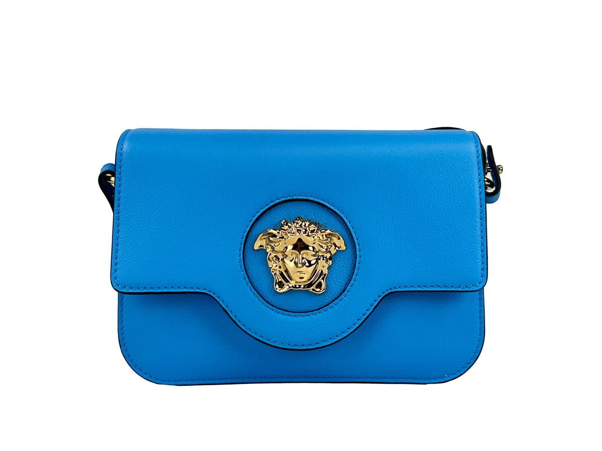 Exclusive Versace La Medusa Leather Crossbody Bag – Blue — Front View