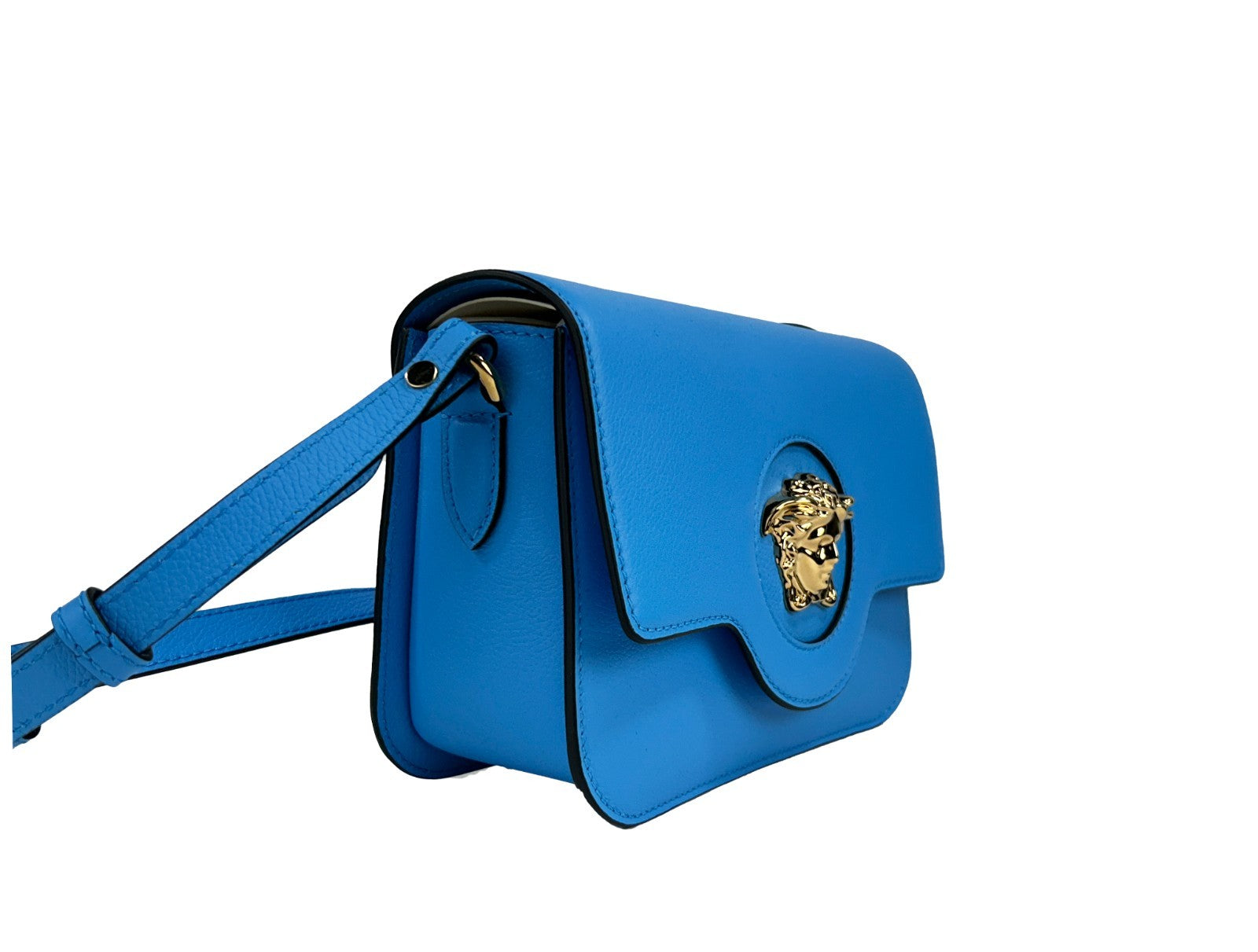 Exclusive Versace La Medusa Leather Crossbody Bag – Blue — Side View