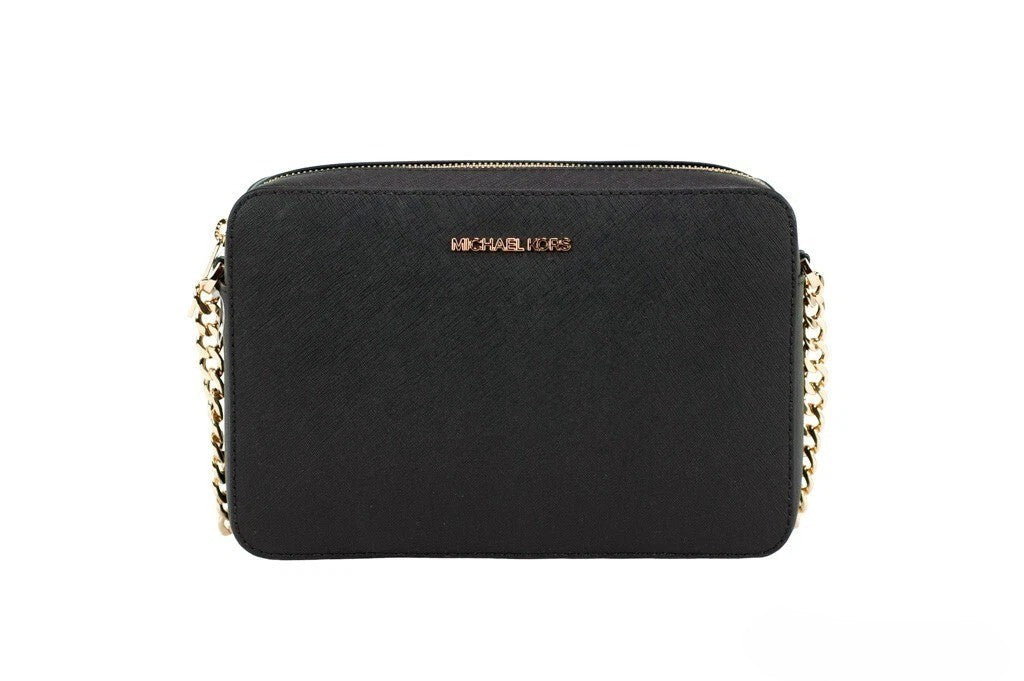 Exclusive Michael Kors Jet Set East West Saffiano Crossbody – Black / Gold — Front View