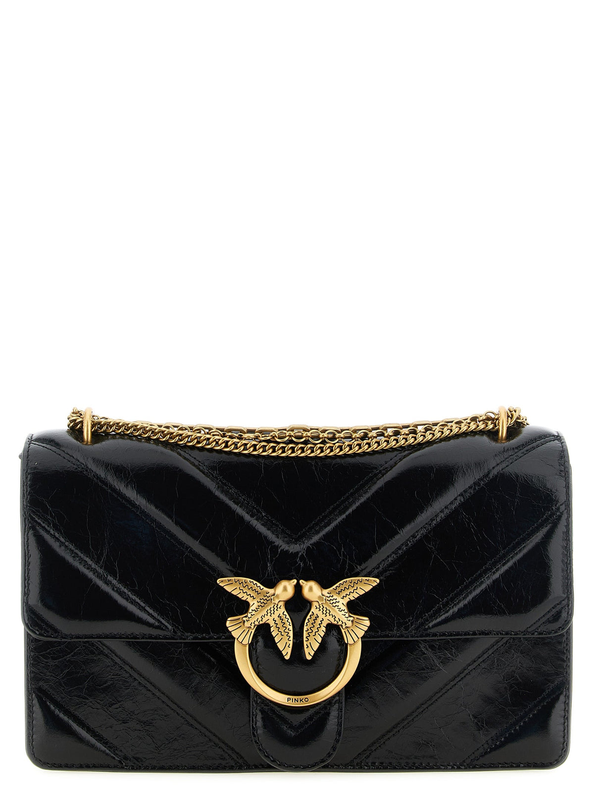 Exclusive PINKO Love Chevron-Quilted Calfskin Shoulder Bag – Black — Front View