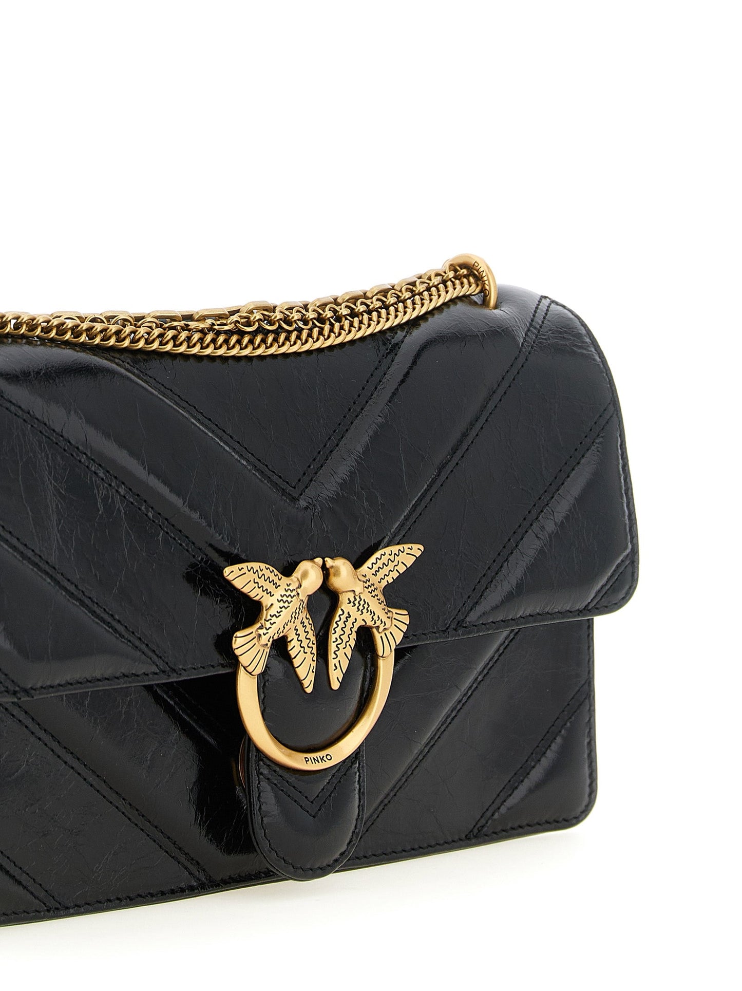 Exclusive PINKO Love Chevron-Quilted Calfskin Shoulder Bag – Black — Back View