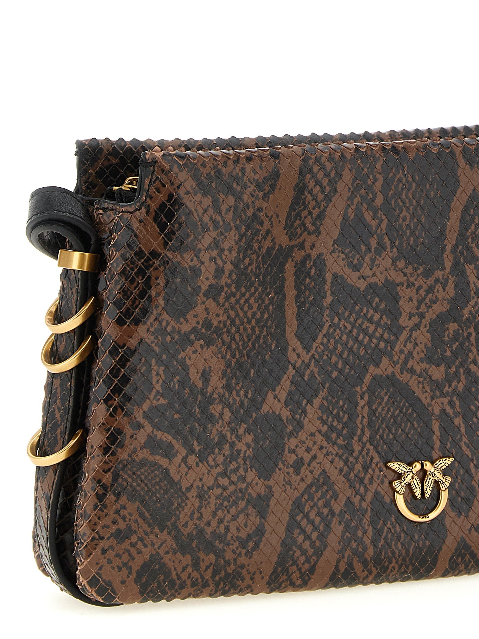 Exclusive PINKO Love Python-Print Calfskin Crossbody – Brown / Black — Back View