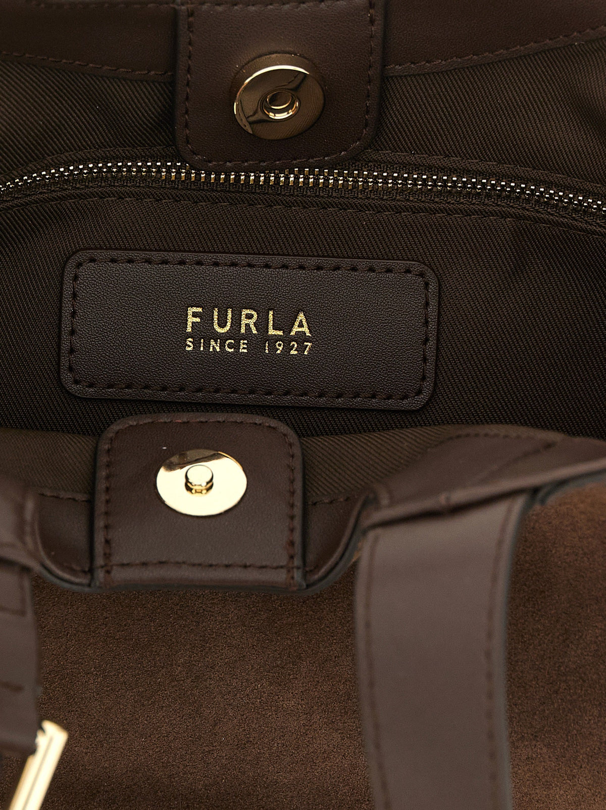Exclusive Furla Dora S Suede and Calfskin Tote – Dark Brown — Top View