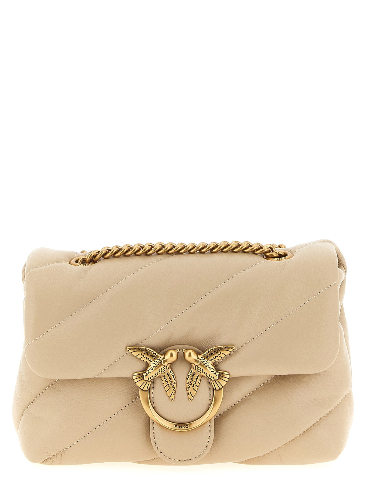 Exclusive PINKO Mini Love Puff Quilted Lambskin Crossbody – Beige — Front View