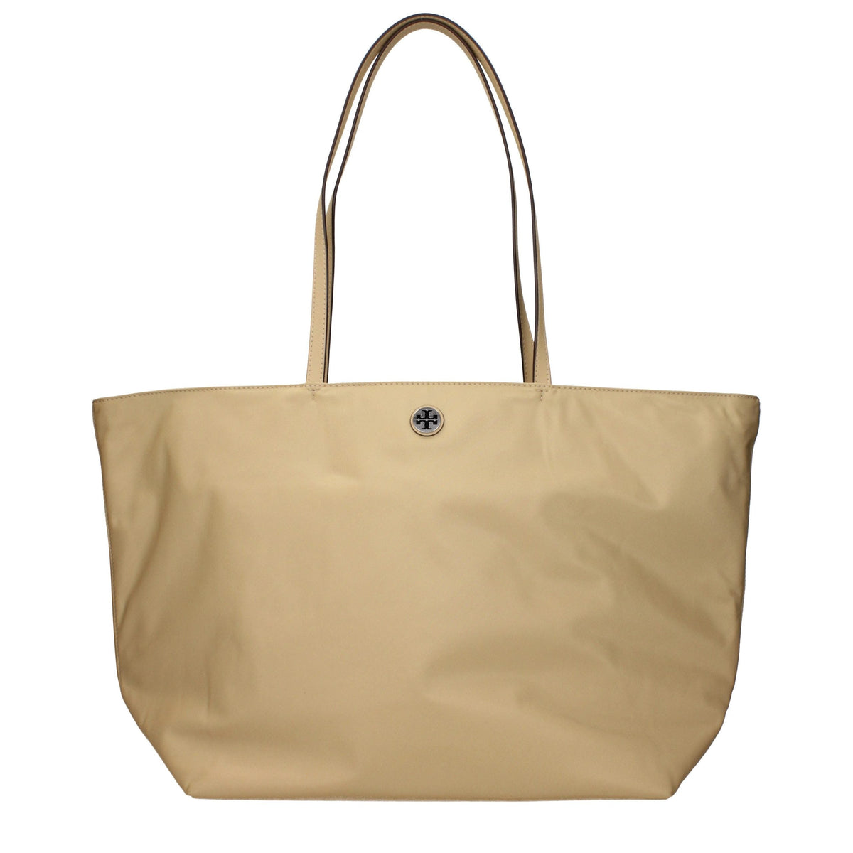 Exclusive Tory Burch Logo Fabric Shoulder Bag – Beige — Front View