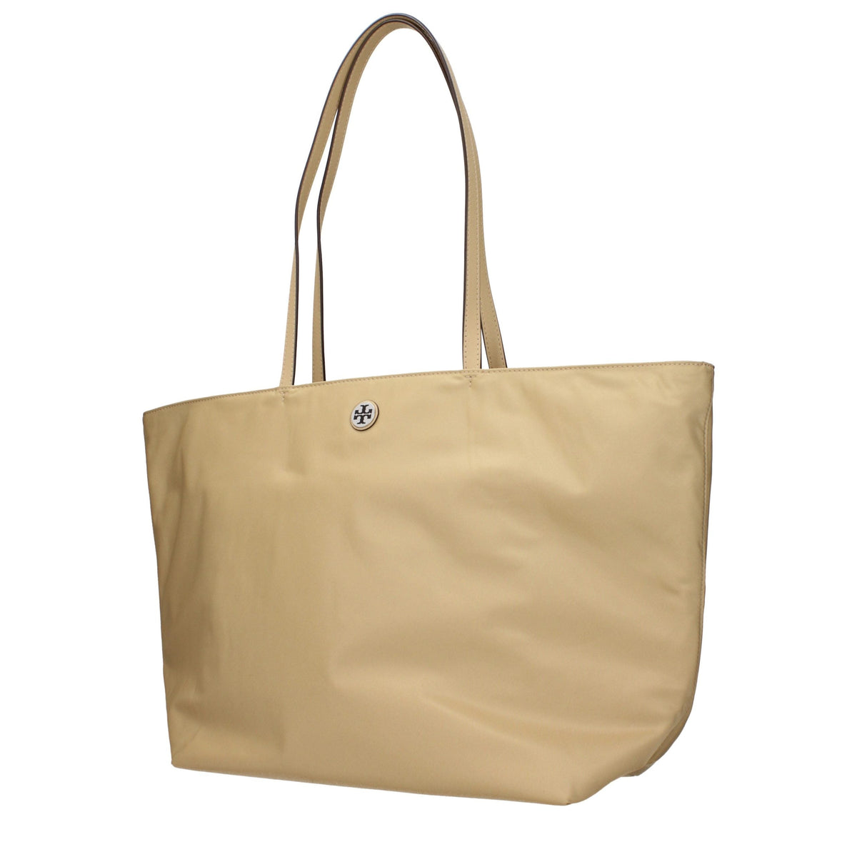 Exclusive Tory Burch Logo Fabric Shoulder Bag – Beige — Side View