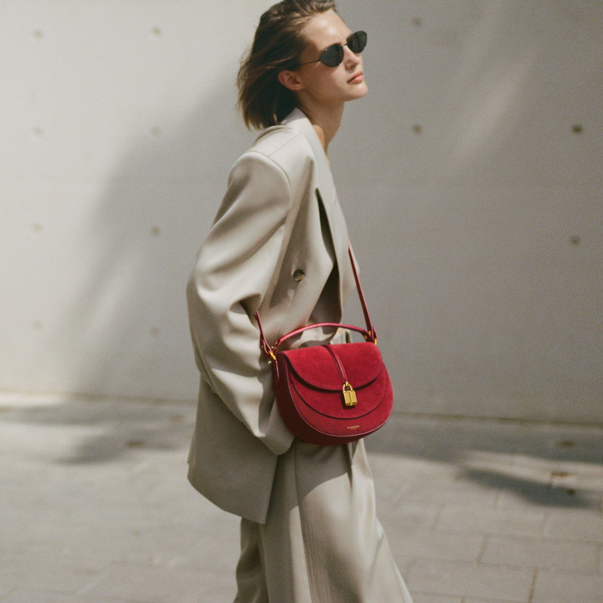Exclusive The Siena Saddle — One Size — Size berry red suede — Side View